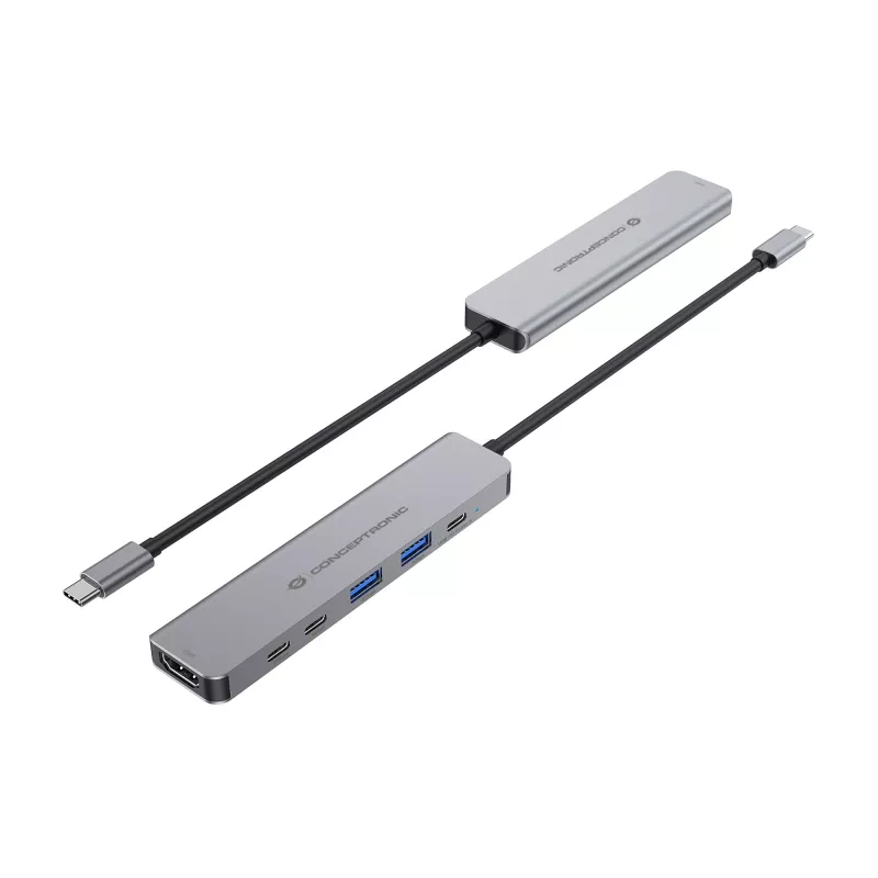 6-in-1 USB 3.2 Gen 1 dockingstation CONCEPTRONIC DONN33G HDMI, 2×USB-A 5Gbps, 2×USB-C 5Gbps, 100W USB PD, zilver