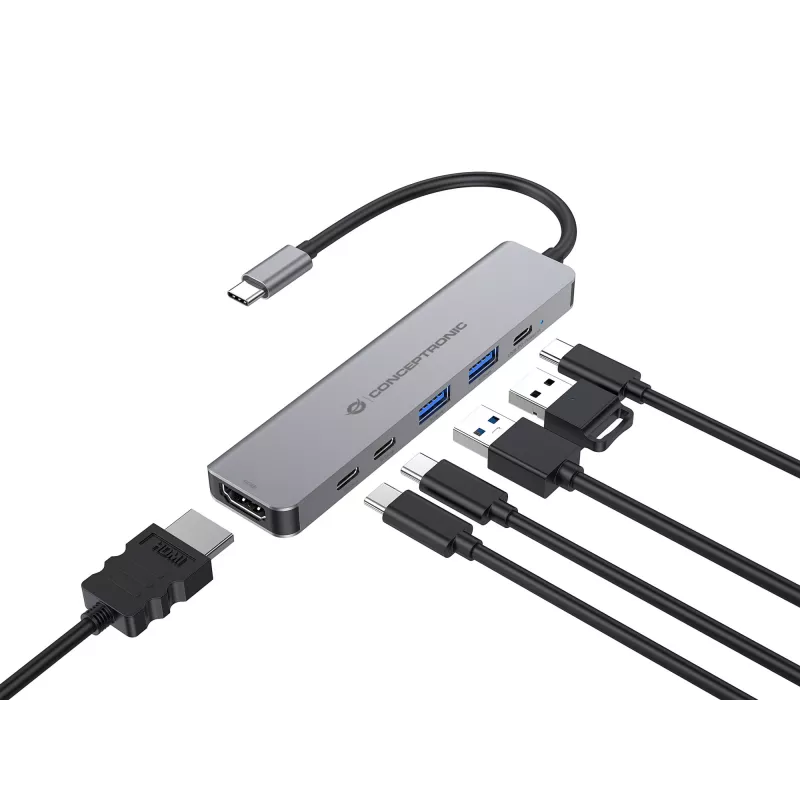 6-in-1 USB 3.2 Gen 1 dockingstation CONCEPTRONIC DONN33G HDMI, 2×USB-A 5Gbps, 2×USB-C 5Gbps, 100W USB PD, zilver