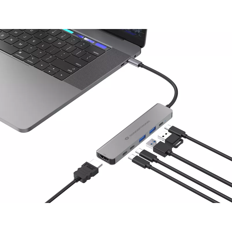 6-in-1 USB 3.2 Gen 1 dockingstation CONCEPTRONIC DONN33G HDMI, 2×USB-A 5Gbps, 2×USB-C 5Gbps, 100W USB PD, zilver