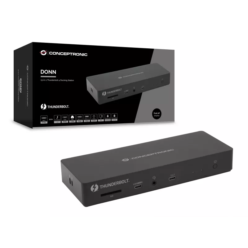 Conceptronic DONN30B 13-in-1 Thunderbolt 4 dockingstation, 40 Gbit/s, 96 W, HDMI, 2x USB-A, USB-C, 2,5GbE LAN, SD-kaartlezer, zwart