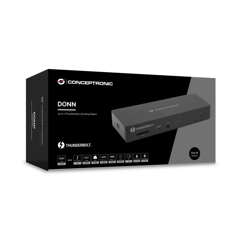 Conceptronic DONN30B 13-in-1 Thunderbolt 4 dockingstation, 40 Gbit/s, 96 W, HDMI, 2x USB-A, USB-C, 2,5GbE LAN, SD-kaartlezer, zwart