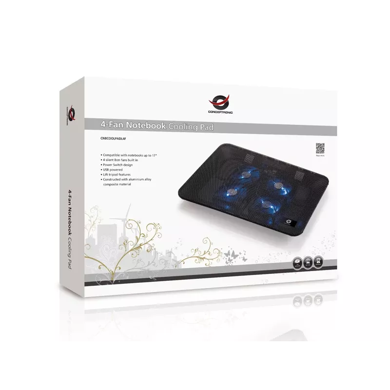 Conceptronic THANA notebook-koelpad, voor schermen tot 39,6 cm (15,6 inch), 4 ventilatoren