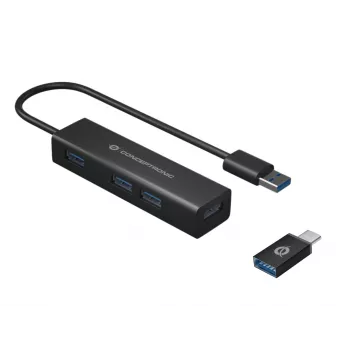 Conceptronic 4-poorts USB 3.0 aluminium hub met USB-C naar USB-A-adapter