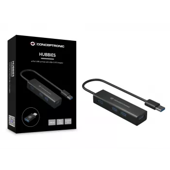 Conceptronic 4-poorts USB 3.0 aluminium hub met USB-C naar USB-A-adapter