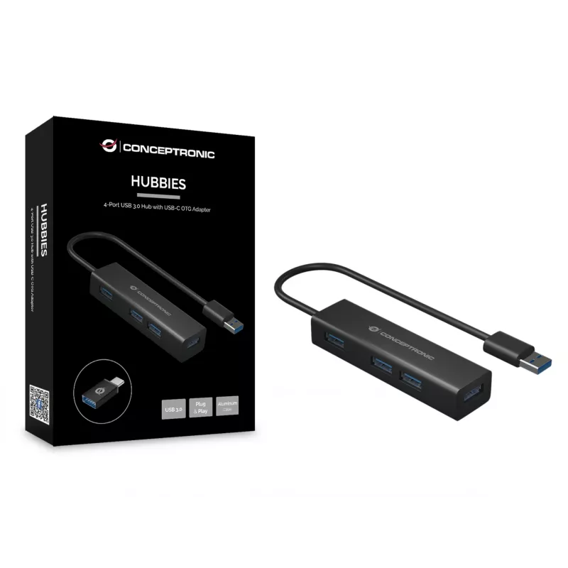 Conceptronic 4-poorts USB 3.0 aluminium hub met USB-C naar USB-A-adapter