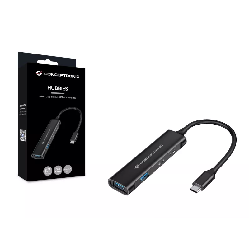 Conceptronic HUBBIES 4-poorts USB 3.0-hub, 2 USB-C- en 2 USB-A-aansluitingen, aluminium behuizing, USB-C-stekker