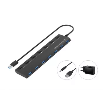 Conceptronic HUBBIES19BP 7-poorts USB 3.0-hub met voeding, 90 cm kabel, individuele schakelaar, USB 3.2 Gen 1