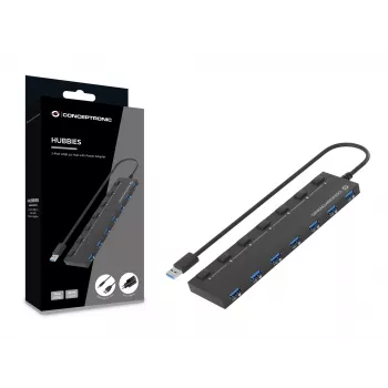 Conceptronic HUBBIES19BP 7-poorts USB 3.0-hub met voeding, 90 cm kabel, individuele schakelaar, USB 3.2 Gen 1