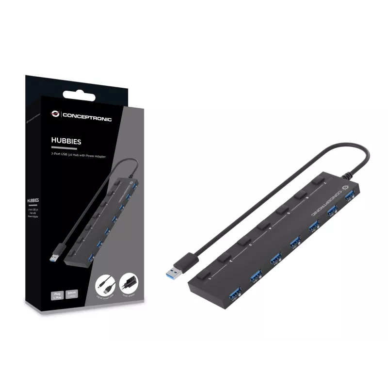 Conceptronic HUBBIES19BP 7-poorts USB 3.0-hub met voeding, 90 cm kabel, individuele schakelaar, USB 3.2 Gen 1