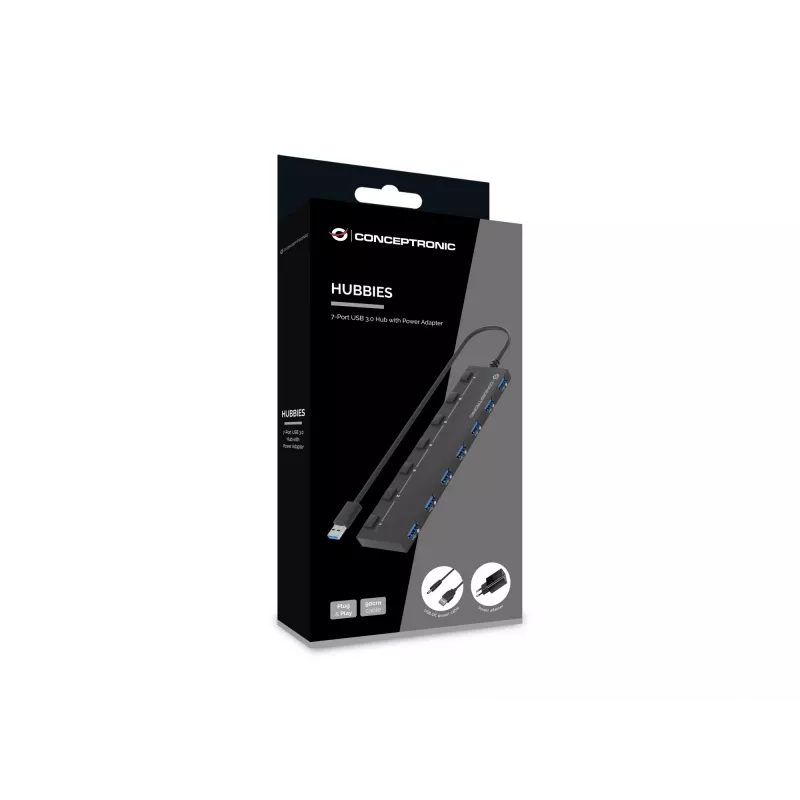 Conceptronic HUBBIES19BP 7-poorts USB 3.0-hub met voeding, 90 cm kabel, individuele schakelaar, USB 3.2 Gen 1
