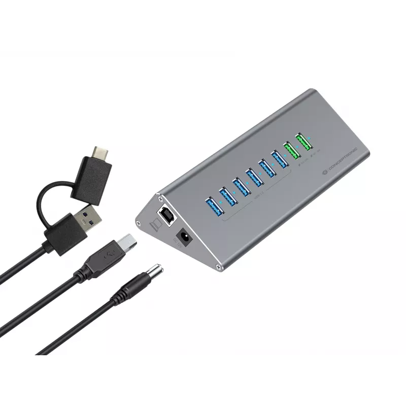 Conceptronic HUBBIES18G 10-in-1 60W USB 3.0 hub-oplader-combinatie, 2-in-1 USB-C-USB-A-kabel, USB 3.2 Gen 1