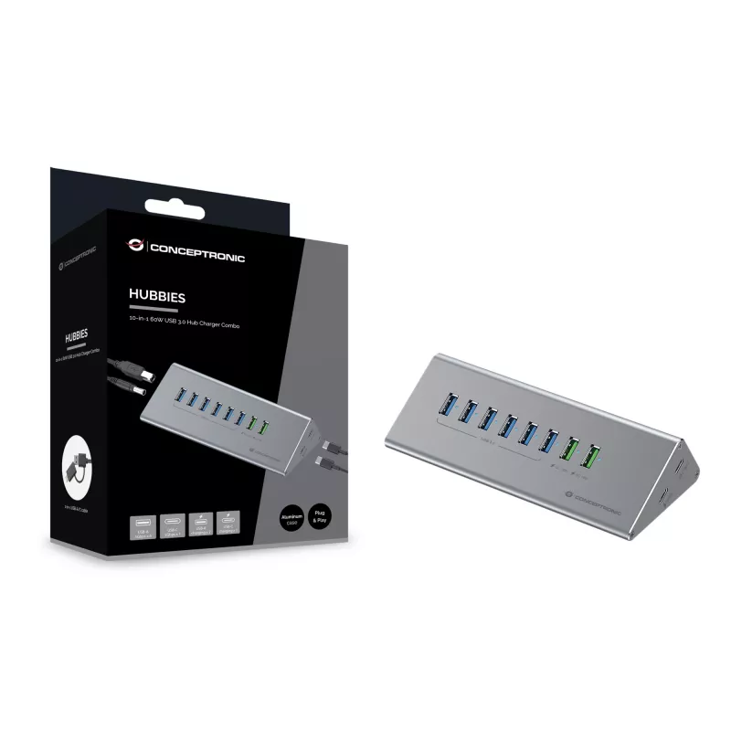 Conceptronic HUBBIES18G 10-in-1 60W USB 3.0 hub-oplader-combinatie, 2-in-1 USB-C-USB-A-kabel, USB 3.2 Gen 1