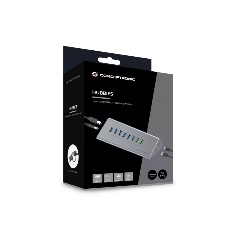 Conceptronic HUBBIES18G 10-in-1 60W USB 3.0 hub-oplader-combinatie, 2-in-1 USB-C-USB-A-kabel, USB 3.2 Gen 1