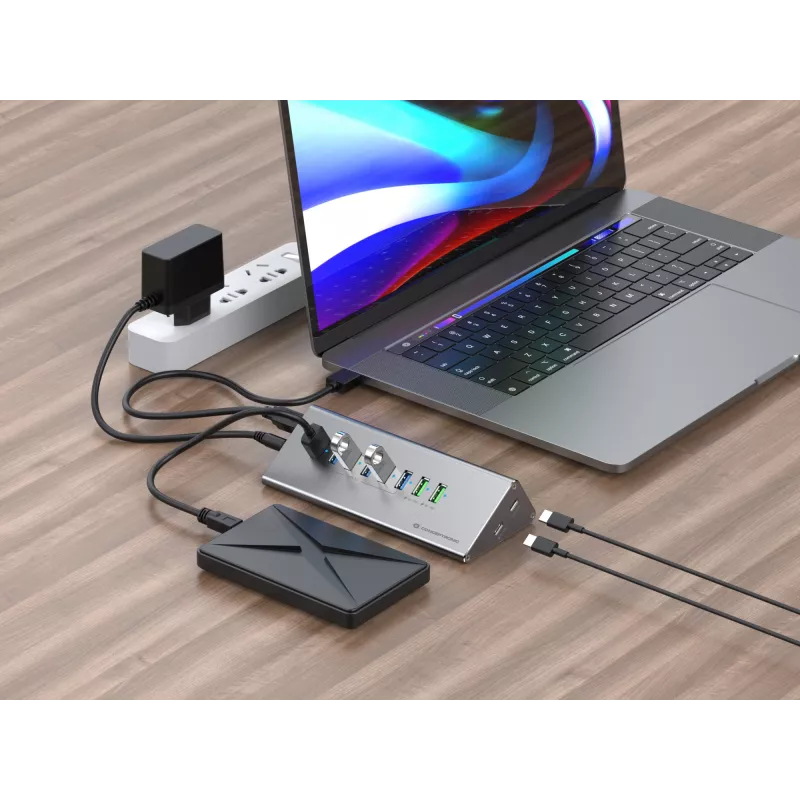 Conceptronic HUBBIES18G 10-in-1 60W USB 3.0 hub-oplader-combinatie, 2-in-1 USB-C-USB-A-kabel, USB 3.2 Gen 1