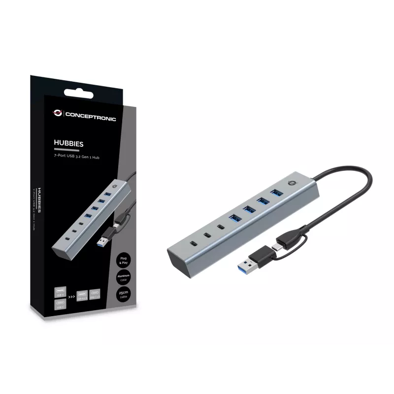 Conceptronic HUBBIES20G 7-poorts USB 3.0-hub, 5 Gbit/s, USB-C x 3, USB-A x 4