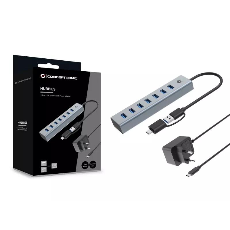 Conceptronic HUBBIES21GP 7-poorts USB 3.0-hub met voeding, 5 Gbit/s, USB-A x 7