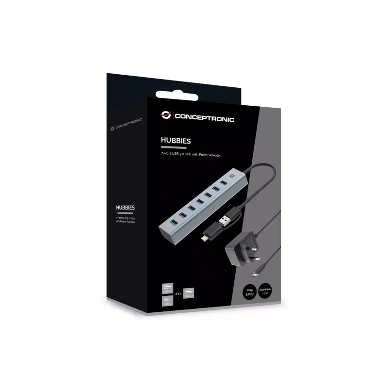 Conceptronic HUBBIES21GP 7-poorts USB 3.0-hub met voeding, 5 Gbit/s, USB-A x 7