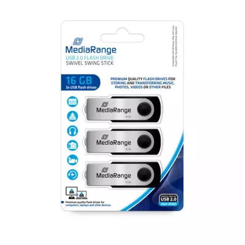 MediaRange MR910-3 USB-stick 16 GB, USB Type-A 2.0, verpakking van 3