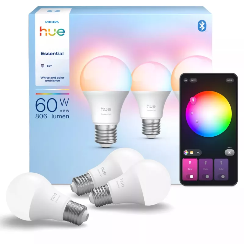Philips Hue White and colour ambience Essential A60 – E27 slimme lamp – 806 lm – 8W – 3-pack