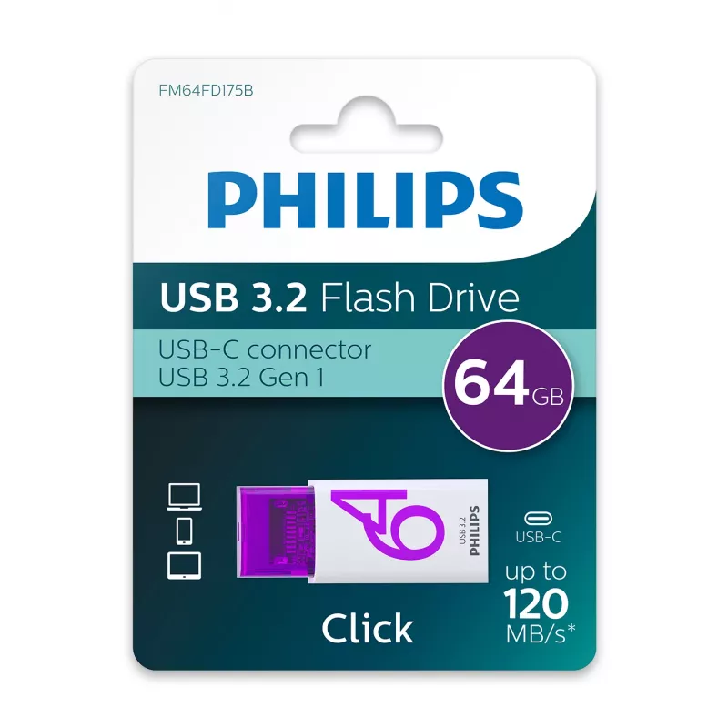 Philips Click USB-flashstation 64 GB USB Type-C 3.2 Gen 1 (3.1 Gen 1) Violet, Wit