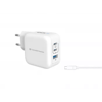 Conceptronic 3-poorts 67W GaN USB PD oplader met USB-C oplaadkabel, USB-C x 2, USB-A x 1, QC 3.0, PPS