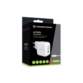 Conceptronic 3-poorts 67W GaN USB PD oplader met USB-C oplaadkabel, USB-C x 2, USB-A x 1, QC 3.0, PPS