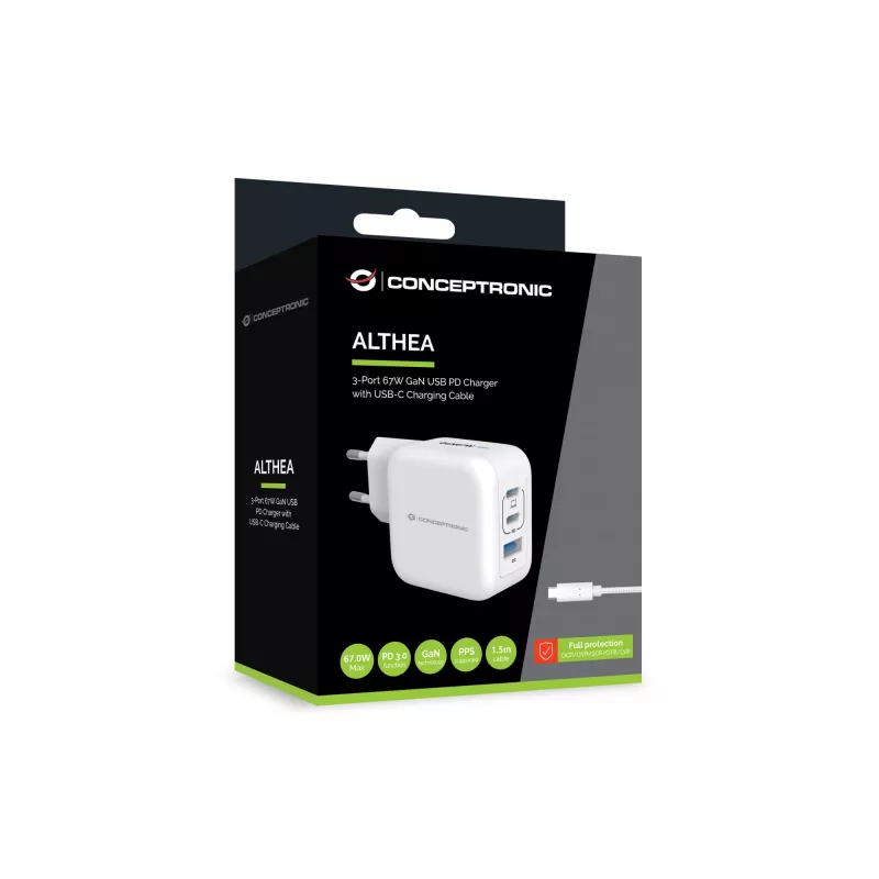 Conceptronic 3-poorts 67W GaN USB PD oplader met USB-C oplaadkabel, USB-C x 2, USB-A x 1, QC 3.0, PPS