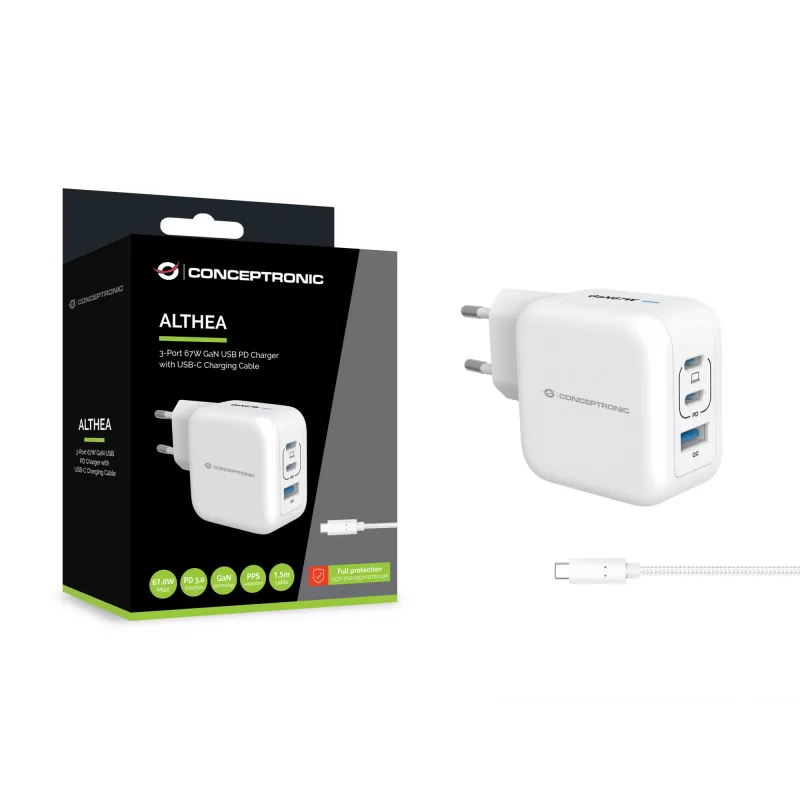 Conceptronic 3-poorts 67W GaN USB PD oplader met USB-C oplaadkabel, USB-C x 2, USB-A x 1, QC 3.0, PPS