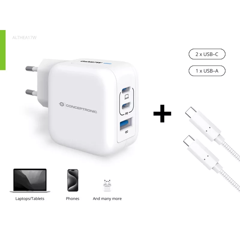 Conceptronic 3-poorts 67W GaN USB PD oplader met USB-C oplaadkabel, USB-C x 2, USB-A x 1, QC 3.0, PPS