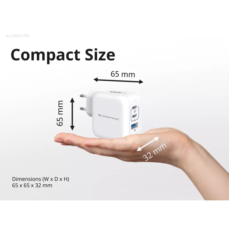 Conceptronic 3-poorts 67W GaN USB PD oplader met USB-C oplaadkabel, USB-C x 2, USB-A x 1, QC 3.0, PPS