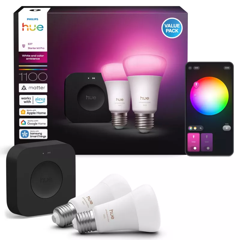 Philips Hue White and Colour Ambiance starterkit, Hue Bridge Pro + 2 x E27 A60 LED-lampen, Bluetooth/Zigbee, 1100 lm