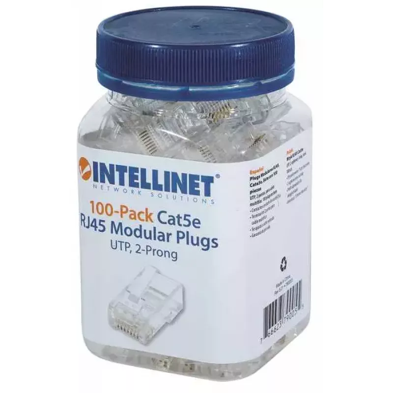Intellinet RJ45 modulaire stekker, Cat5e, UTP, 2-polig, voor soepele kabel, 15 µ vergulde contacten, 100-pack