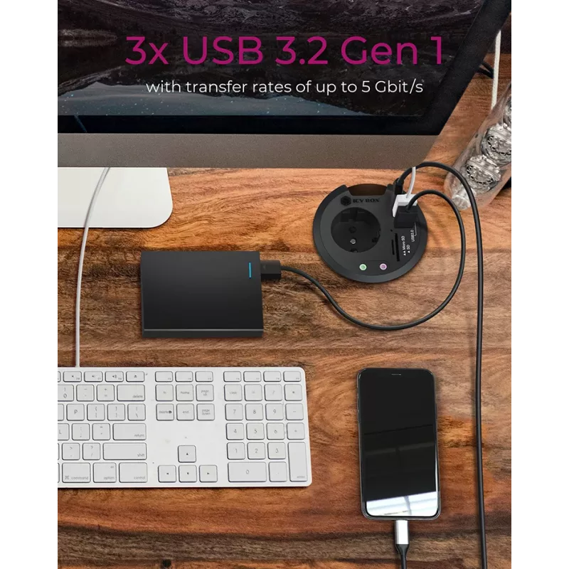 ICY BOX IB-HUB1430-CR In-Desk USB 3.2 Gen 1 multipoort-hub, zwart