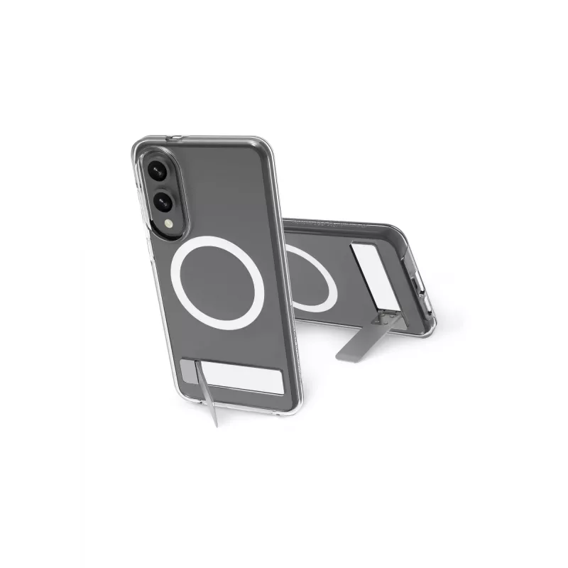 dbramante1928 Iceland Ultra D3O Qi2 Kick IMEDCL006789 achterkant met standaard voor Samsung Galaxy S25 Edge, transparant
