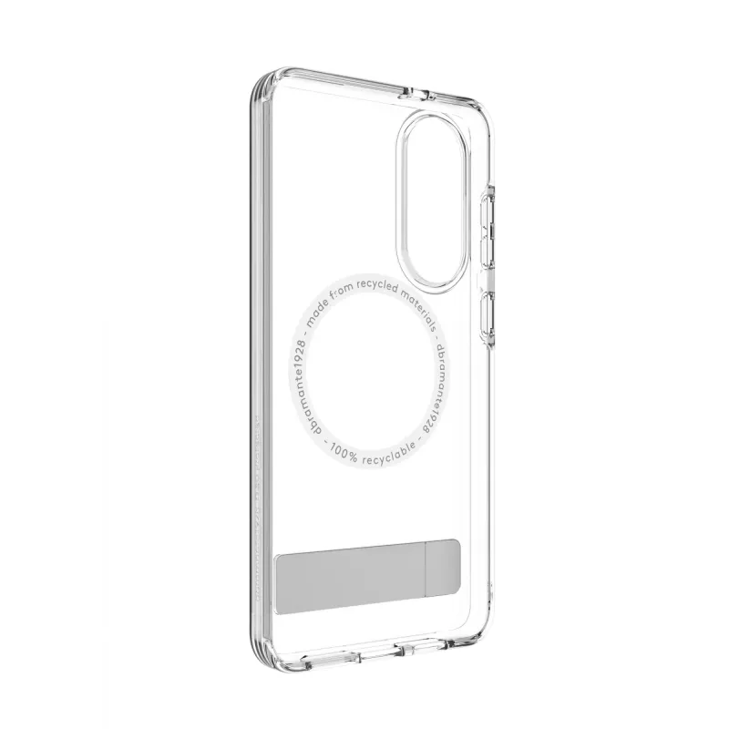dbramante1928 Iceland Ultra D3O Qi2 Kick IMEDCL006789 achterkant met standaard voor Samsung Galaxy S25 Edge, transparant
