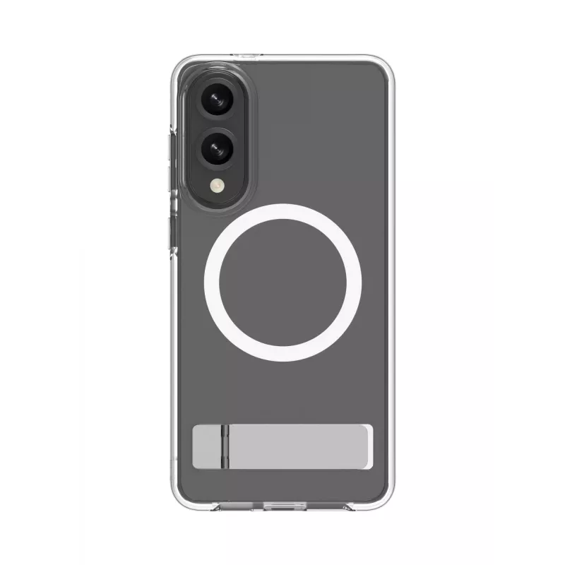 dbramante1928 Iceland Ultra D3O Qi2 Kick IMEDCL006789 achterkant met standaard voor Samsung Galaxy S25 Edge, transparant