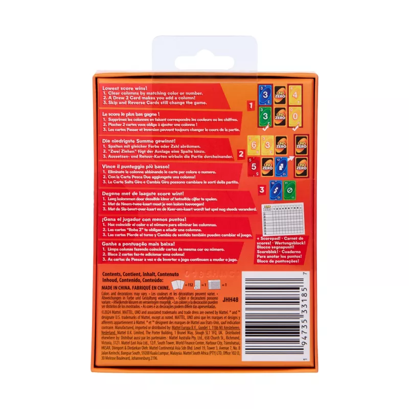 Kaartspel MATTEL UNO Zero — aflegspel, leeftijd 7+, incl. deck en scoreblok