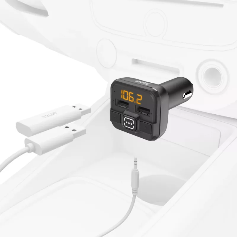 Hama 00014163 FM-zender / voedingsadapter voor mobiele telefoon, tablet, AUX-IN, USB-IN, zwart