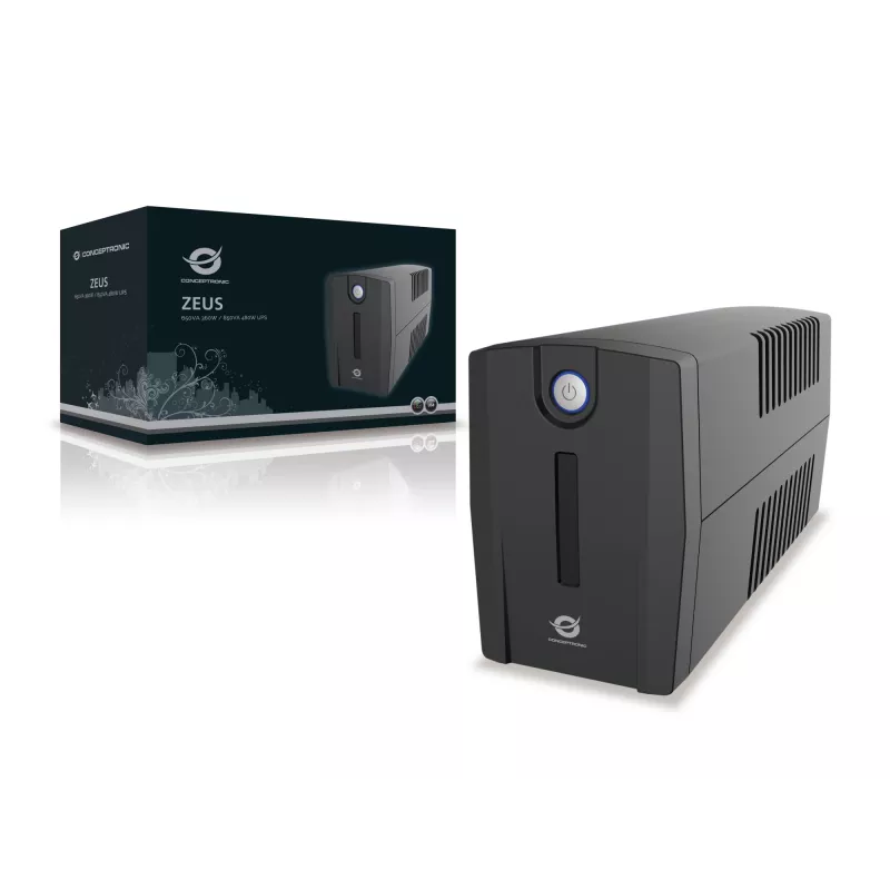 Conceptronic ZEUS01ES UPS, 650 VA (0,65 kVA), 360 W, 2x Schuko, HID USB, RJ45 in/uit, 220-240 V, zwart
