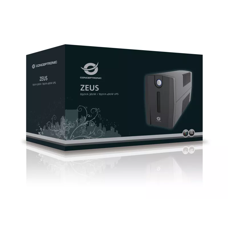 Conceptronic ZEUS01ES UPS, 650 VA (0,65 kVA), 360 W, 2x Schuko, HID USB, RJ45 in/uit, 220-240 V, zwart