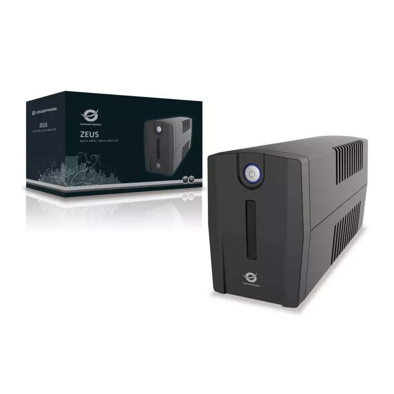 Conceptronic ZEUS02ES line-interactieve UPS, 850 VA (0,85 kVA), 480 W, 2x Schuko, HID USB, RJ45 in/uit, 220-240 V, zwart
