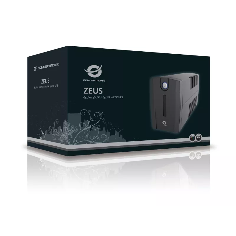 Conceptronic ZEUS02ES line-interactieve UPS, 850 VA (0,85 kVA), 480 W, 2x Schuko, HID USB, RJ45 in/uit, 220-240 V, zwart