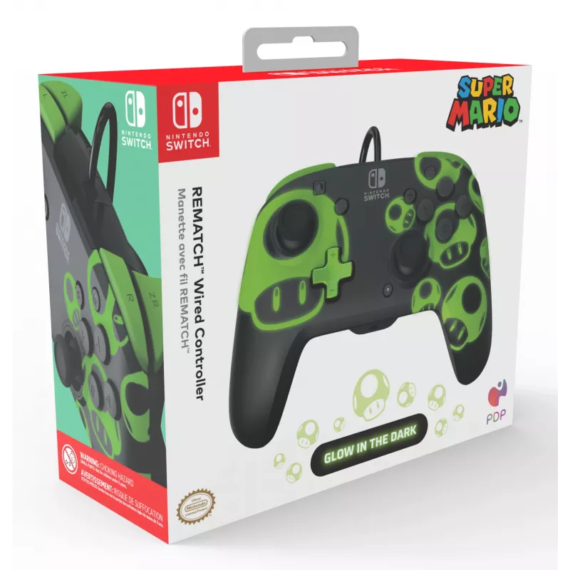 Gamepad PDP REMATCH bedrade controller 1-Up Glow in the Dark voor Nintendo Switch, USB, 3m kabel, D-pad, home-knop, zwart/groen