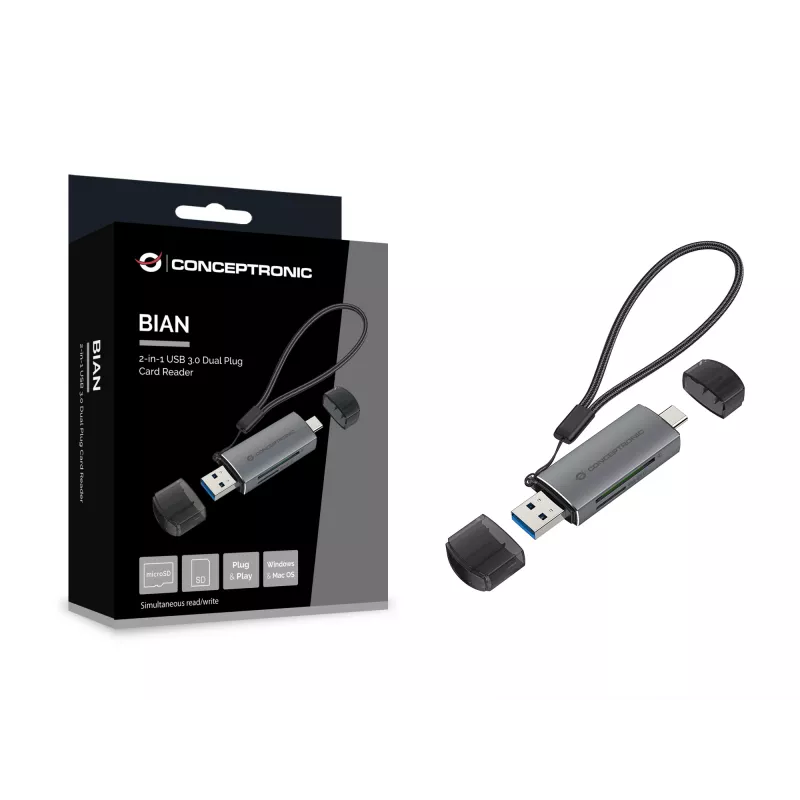 Conceptronic BIAN05G 2-in-1 USB 3.0 dual plug-kaartlezer, SD/MicroSD 3.0, UHS-I