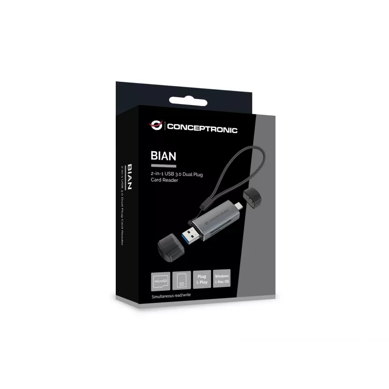 Conceptronic BIAN05G 2-in-1 USB 3.0 dual plug-kaartlezer, SD/MicroSD 3.0, UHS-I