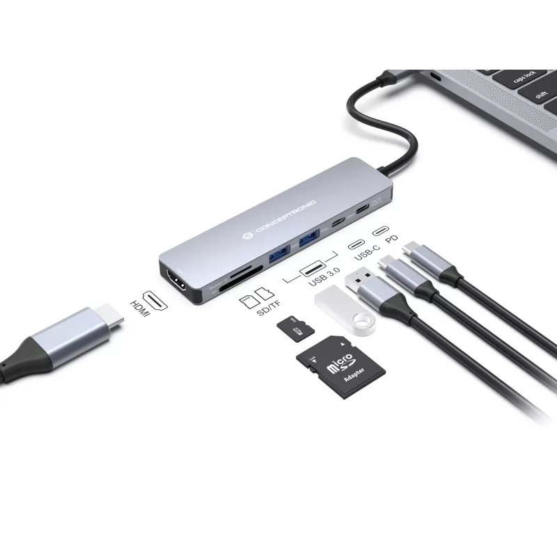 Conceptronic DONN28G 7-in-1 USB 3.2 Gen 1 dockingstation, 4K60Hz HDMI, USB-A 5Gbps x 2, USB-C 5Gbps, SD, TF/MicroSD, 100W USB PD