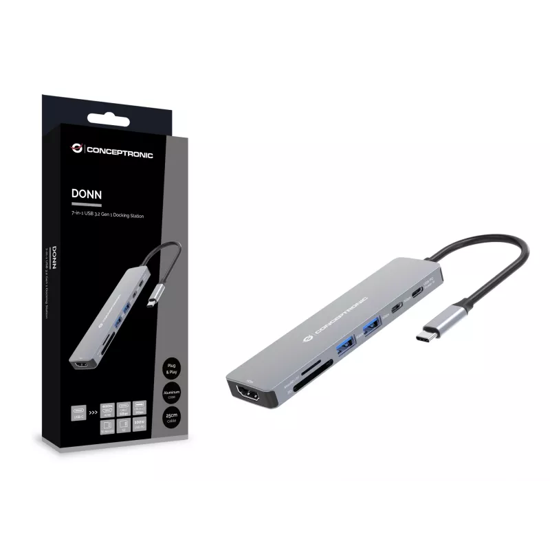Conceptronic DONN28G 7-in-1 USB 3.2 Gen 1 dockingstation, 4K60Hz HDMI, USB-A 5Gbps x 2, USB-C 5Gbps, SD, TF/MicroSD, 100W USB PD