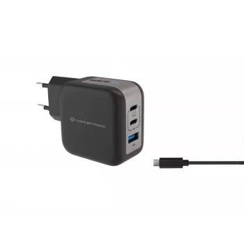 Conceptronic 3-poorts 67W GaN USB PD oplader met USB-C oplaadkabel, USB-C x 2, USB-A x 1, QC 3.0, PPS