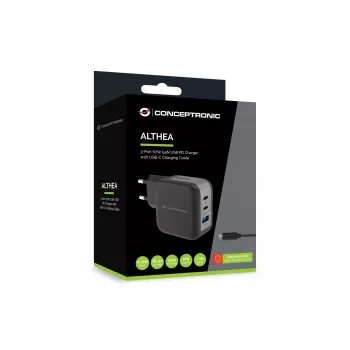Conceptronic 3-poorts 67W GaN USB PD oplader met USB-C oplaadkabel, USB-C x 2, USB-A x 1, QC 3.0, PPS