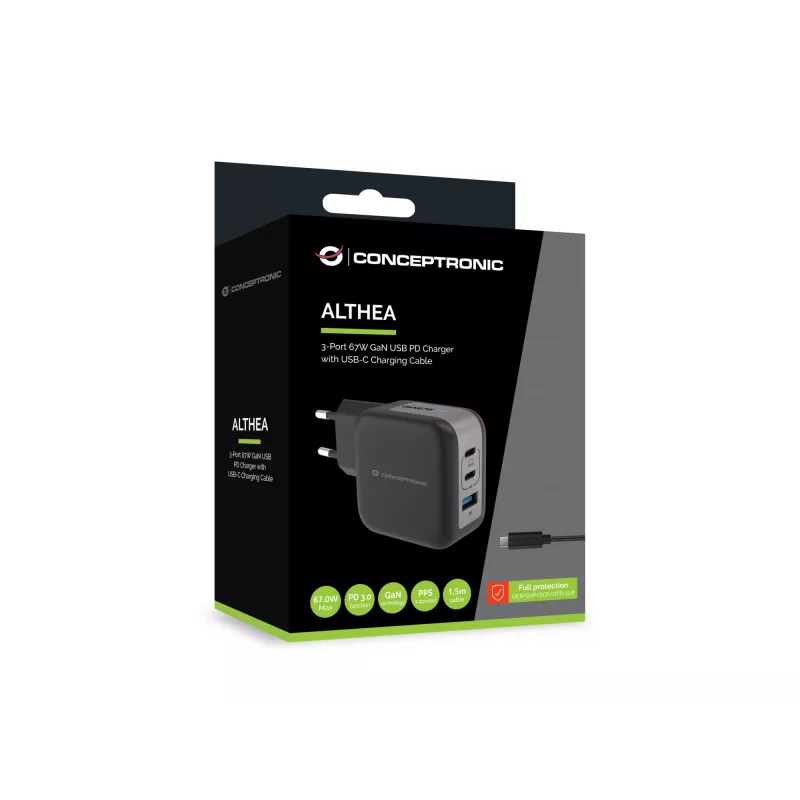 Conceptronic 3-poorts 67W GaN USB PD oplader met USB-C oplaadkabel, USB-C x 2, USB-A x 1, QC 3.0, PPS